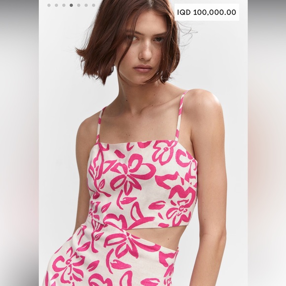 MANGO Floral Cutout Linen Blend Midi Dress Pink - Picture 6 of 9